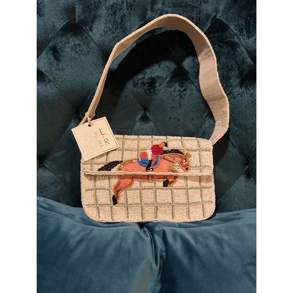 NWT Sol and Mer Beaded Equestrian Shoulder Bag Horse Motif Cream